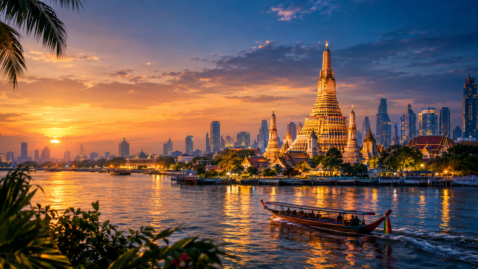 Wat Arun at sunset with a long-tail boat on the Chao Phraya River in Bangkok